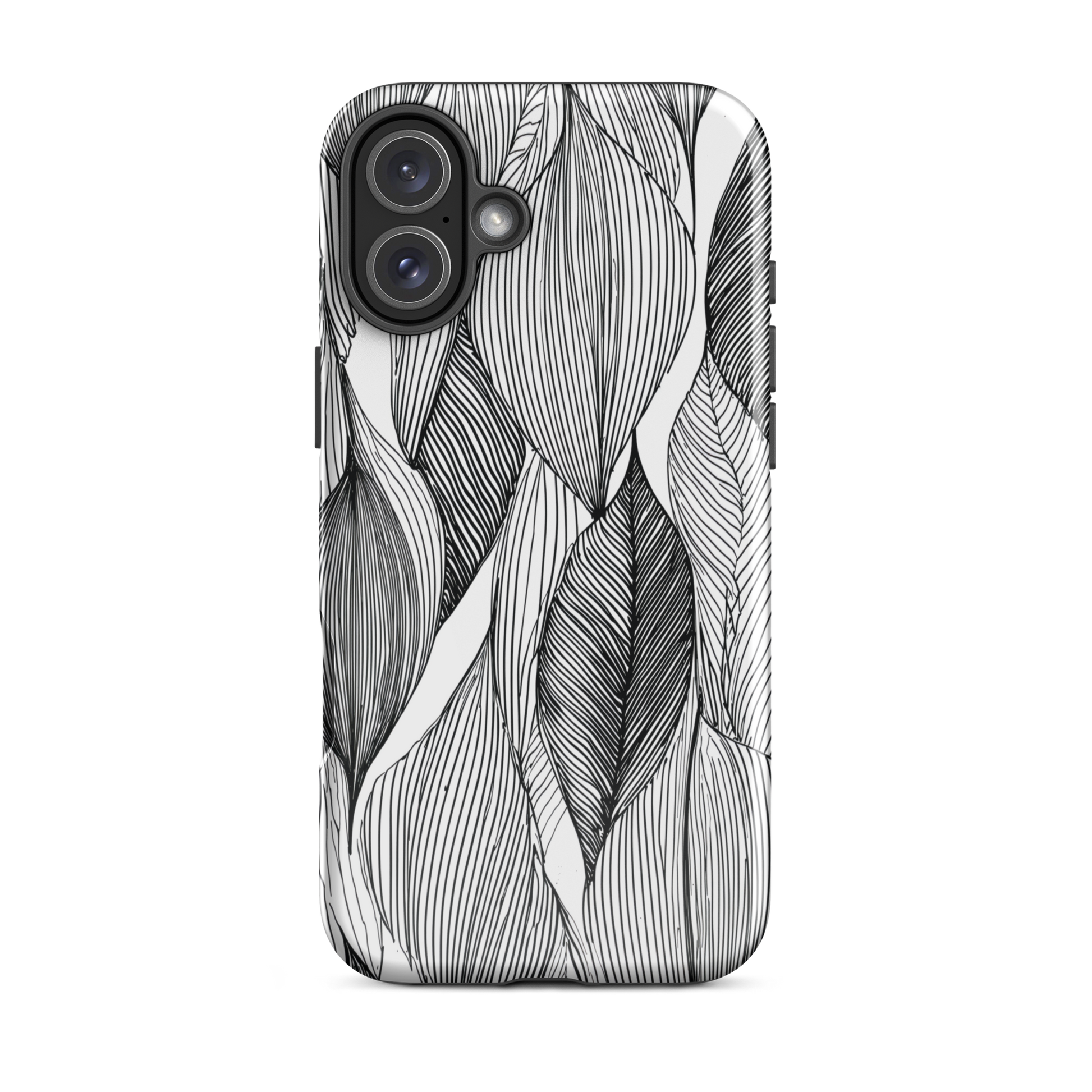 A minimalist phone case featuring fine black botanical linework in a repeating leaf pattern.