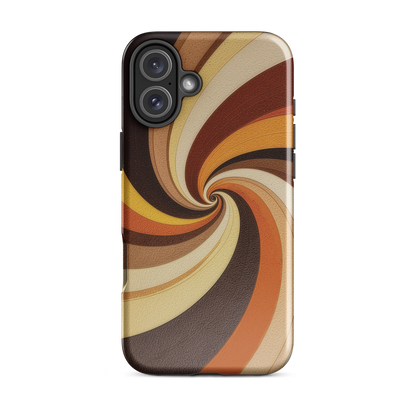 A retro-inspired phone case featuring warm swirling patterns in orange, yellow, and brown tones.