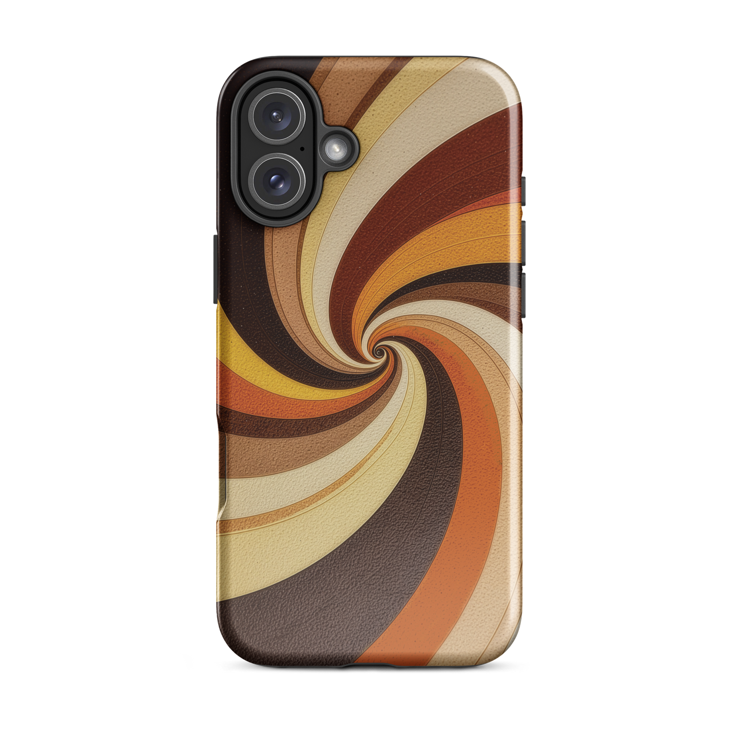 A retro-inspired phone case featuring warm swirling patterns in orange, yellow, and brown tones.
