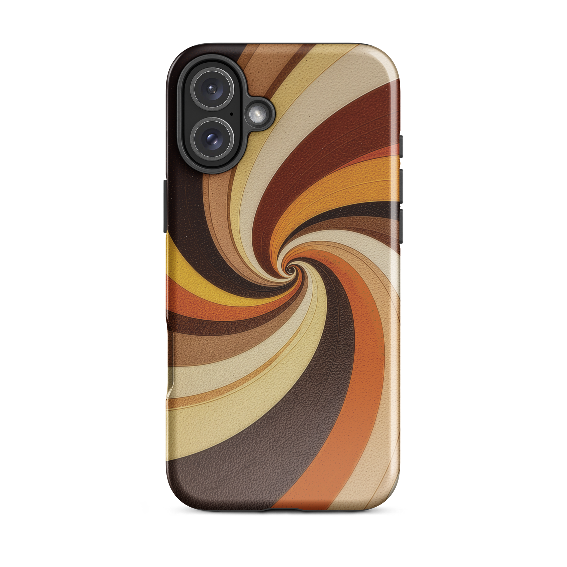 A retro-inspired phone case featuring warm swirling patterns in orange, yellow, and brown tones.