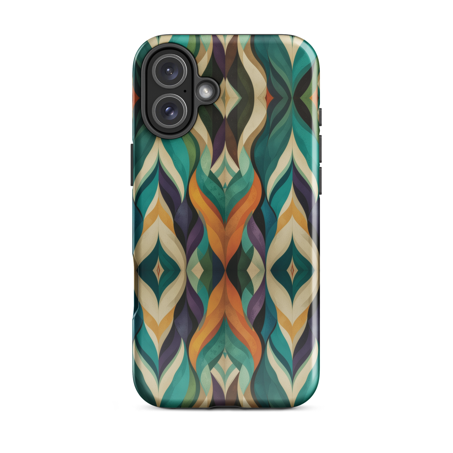 A bold geometric phone case featuring layered shapes in rich, earthy tones.