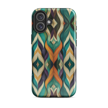 A bold geometric phone case featuring layered shapes in rich, earthy tones.
