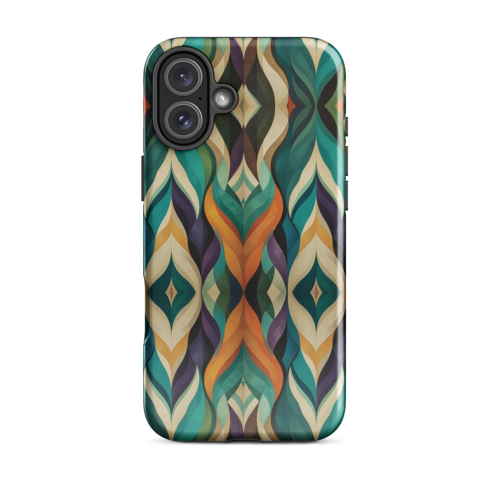 A bold geometric phone case featuring layered shapes in rich, earthy tones.