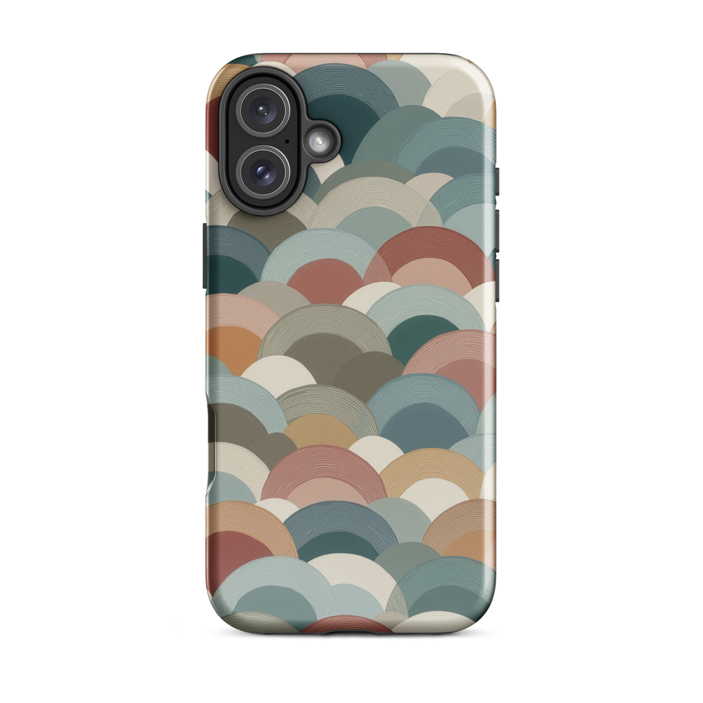 A soft retro-inspired phone case featuring layered arc shapes in warm, earthy tones.