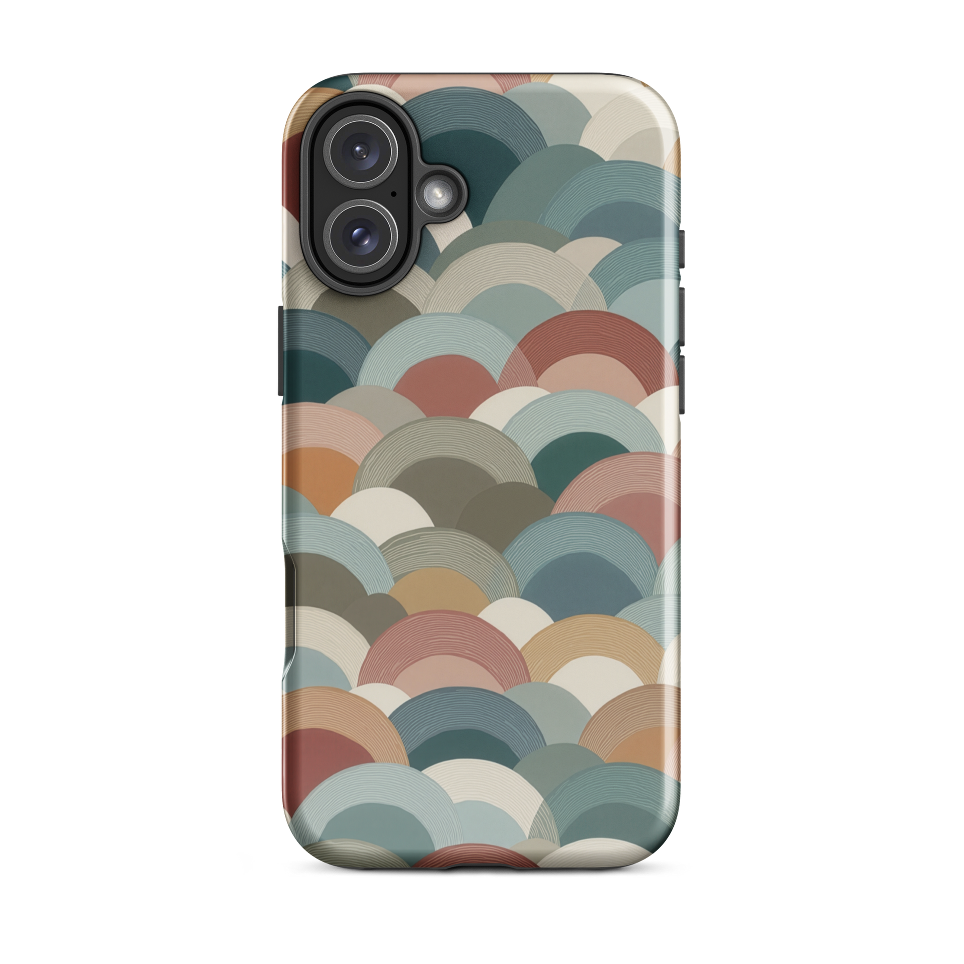 A soft retro-inspired phone case featuring layered arc shapes in warm, earthy tones.