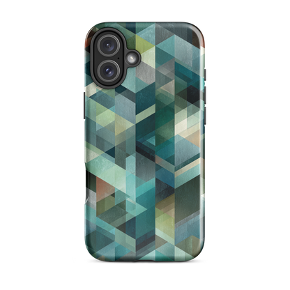 Modern abstract geometric phone case in teal and blue tones with layered retro-inspired shapes.