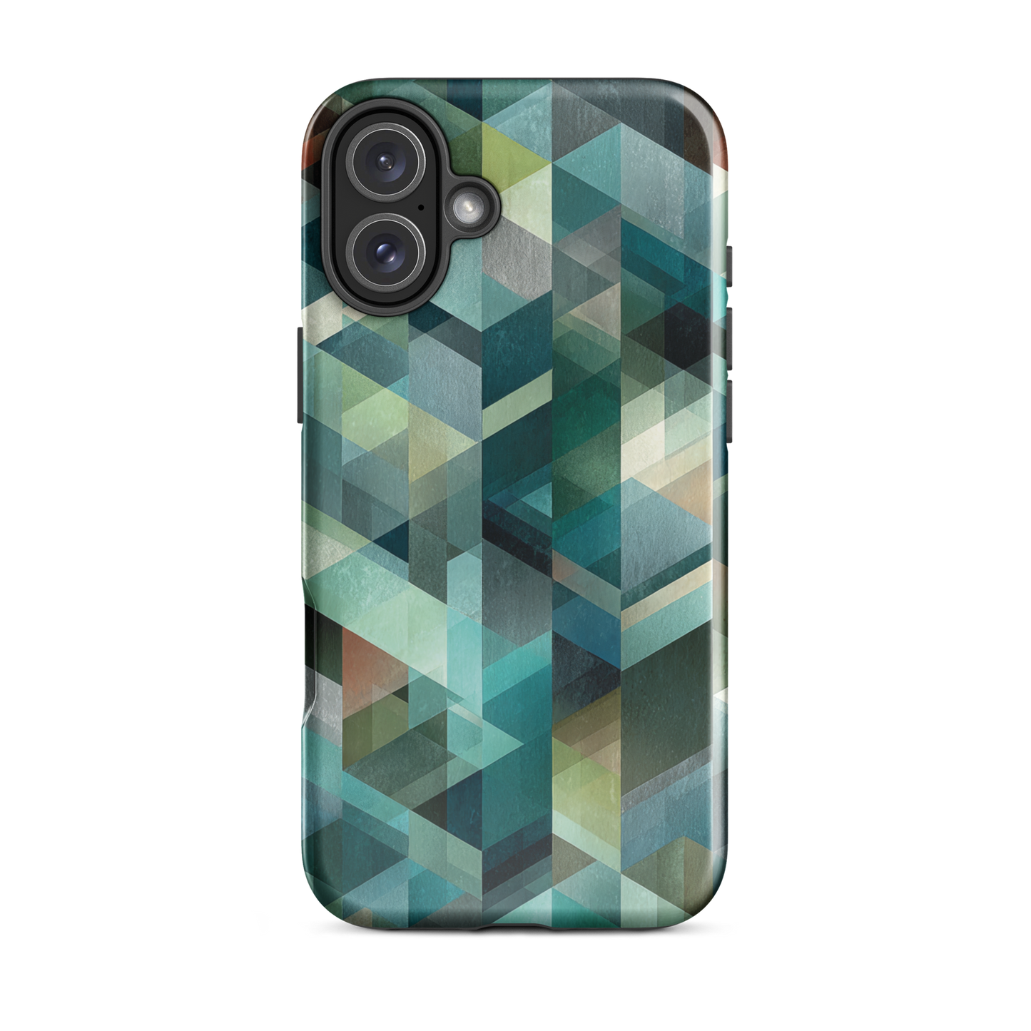 Modern abstract geometric phone case in teal and blue tones with layered retro-inspired shapes.
