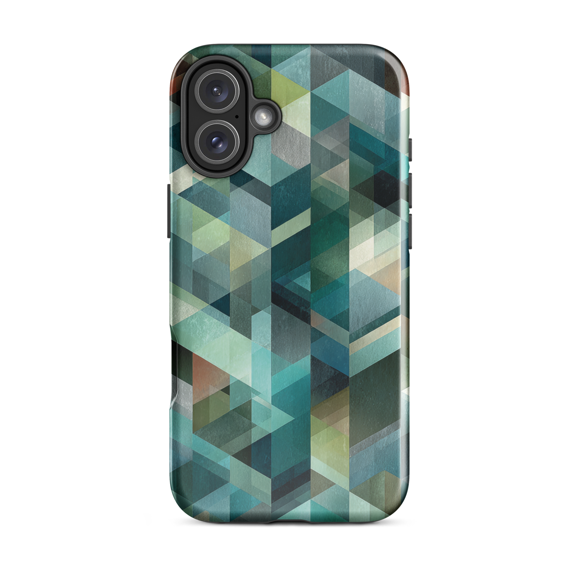 Modern abstract geometric phone case in teal and blue tones with layered retro-inspired shapes.