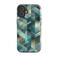 Modern abstract geometric phone case in teal and blue tones with layered retro-inspired shapes.
