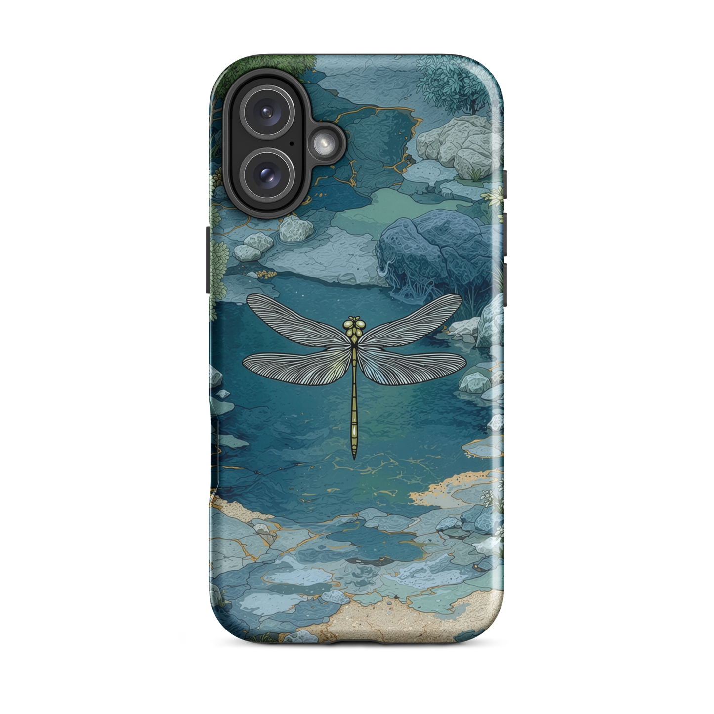 Nature-inspired phone case featuring a dragonfly over calm water with blue and green forest tones.