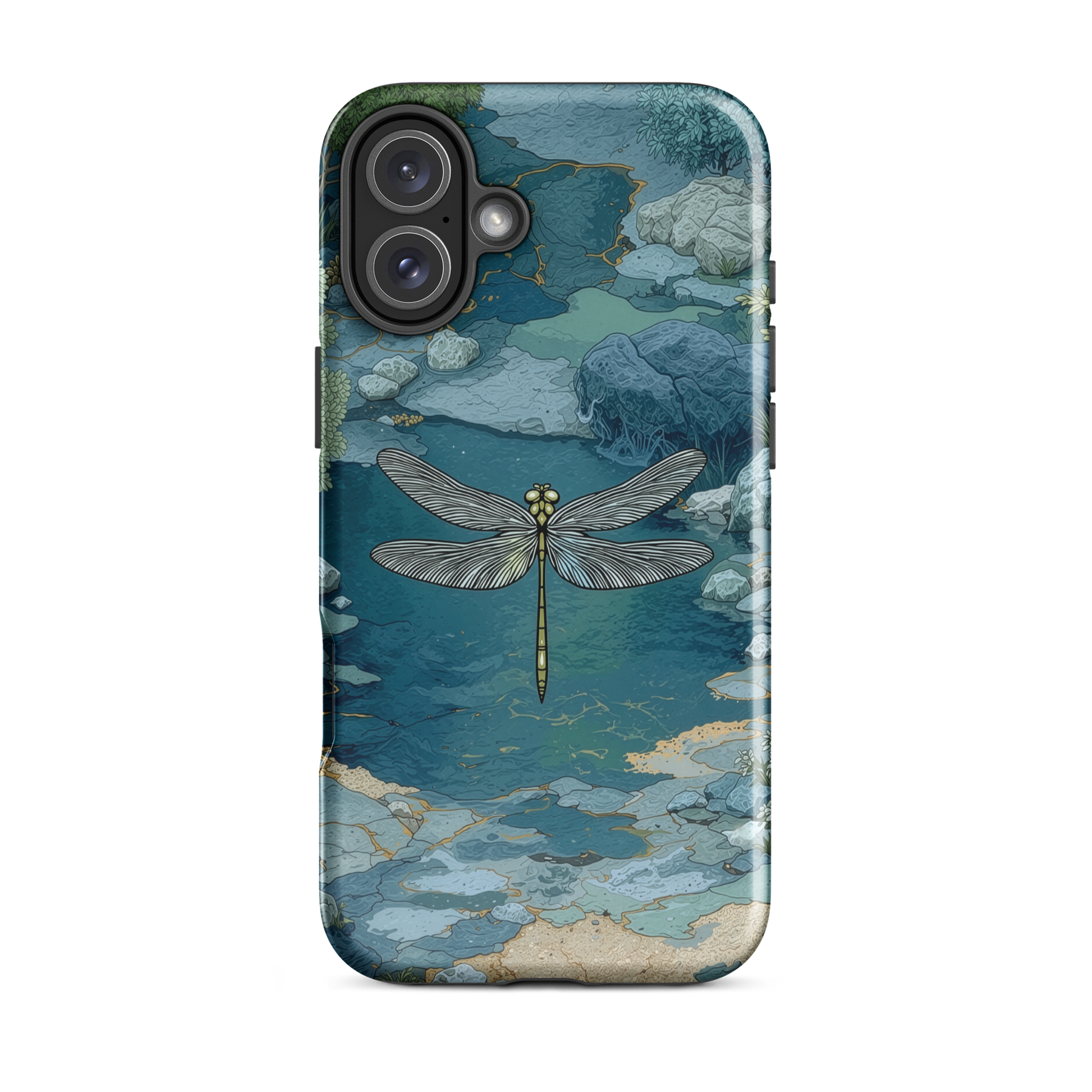 Nature-inspired phone case featuring a dragonfly over calm water with blue and green forest tones.