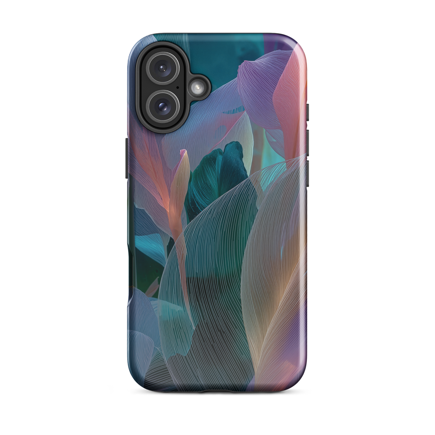 Abstract pastel botanical designer phone case in pink, lilac and teal tones with soft flowing floral textures