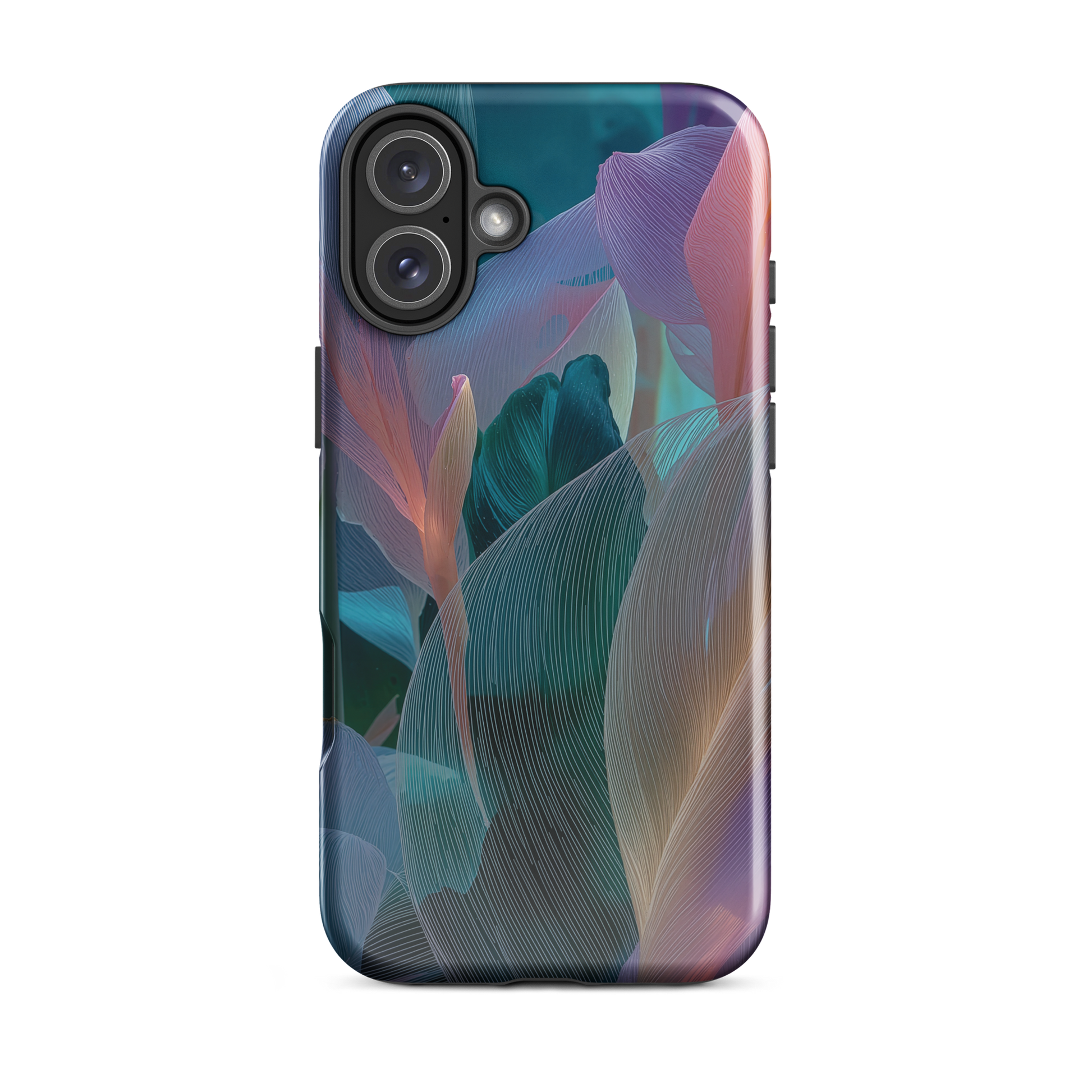 Abstract pastel botanical designer phone case in pink, lilac and teal tones with soft flowing floral textures