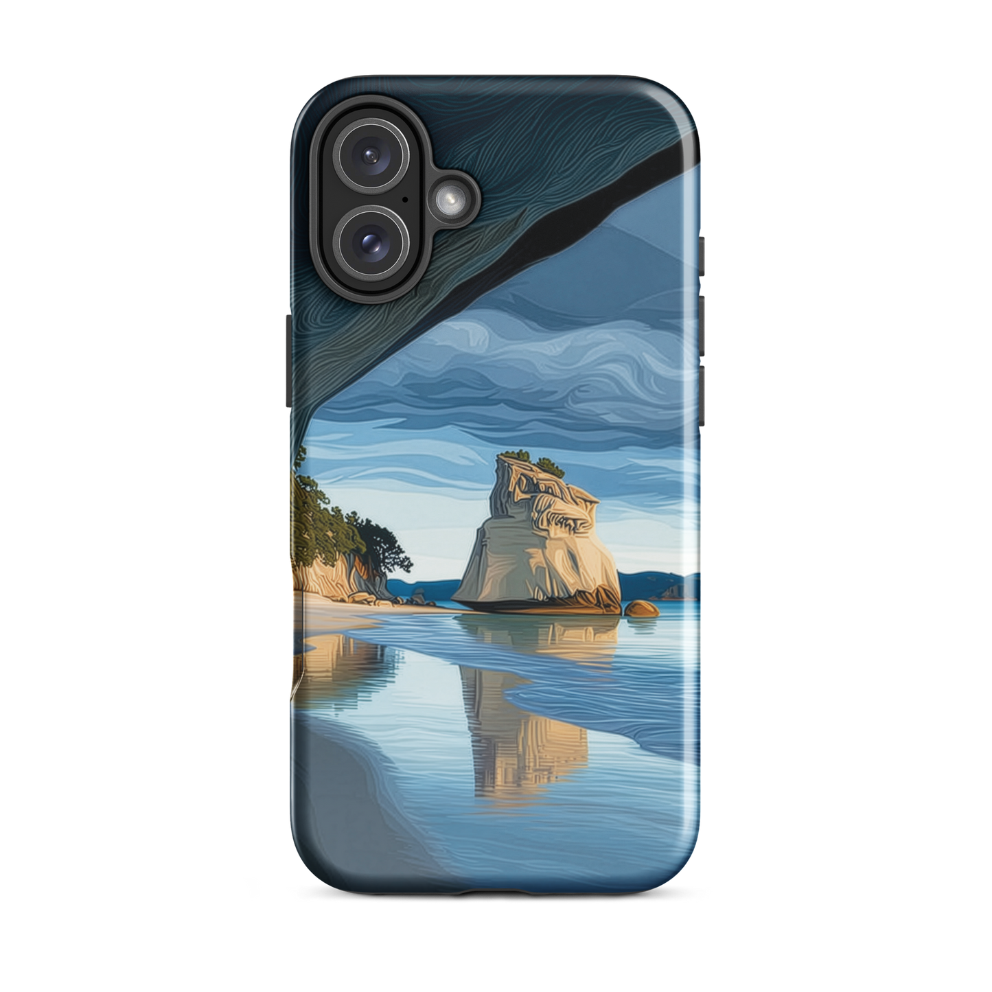 Artistic Cathedral Cove coastal designer phone case with arch rock, blue ocean and golden cliffs