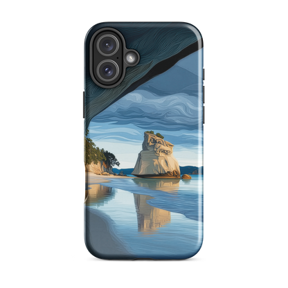 Artistic Cathedral Cove coastal designer phone case with arch rock, blue ocean and golden cliffs
