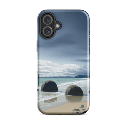 Moeraki Boulders coastal designer phone case with ocean waves and dramatic NZ sky