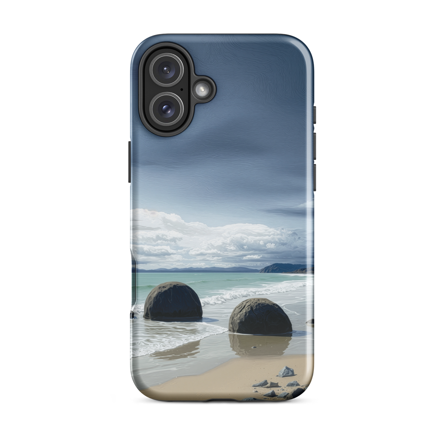 Moeraki Boulders coastal designer phone case with ocean waves and dramatic NZ sky