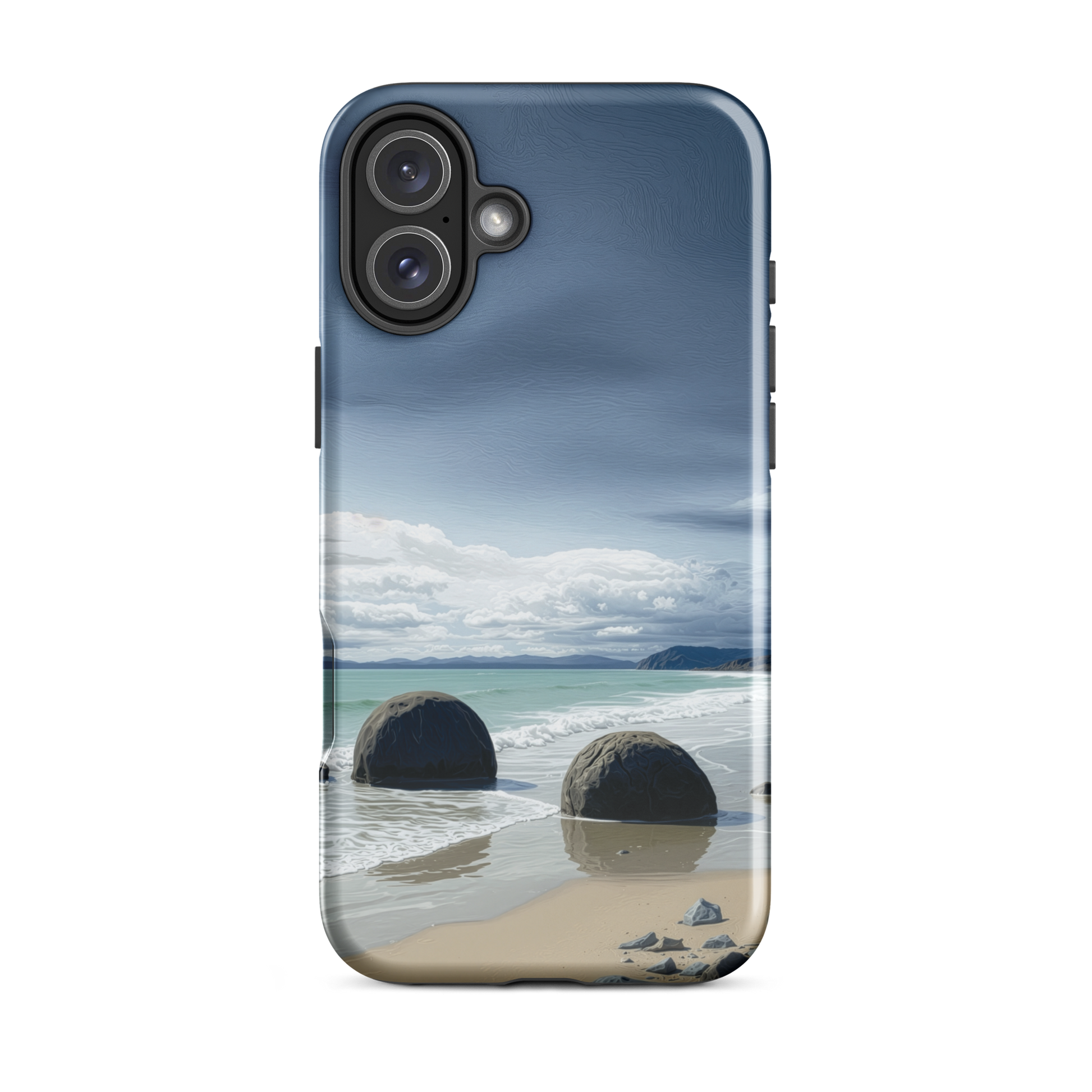 Moeraki Boulders coastal designer phone case with ocean waves and dramatic NZ sky