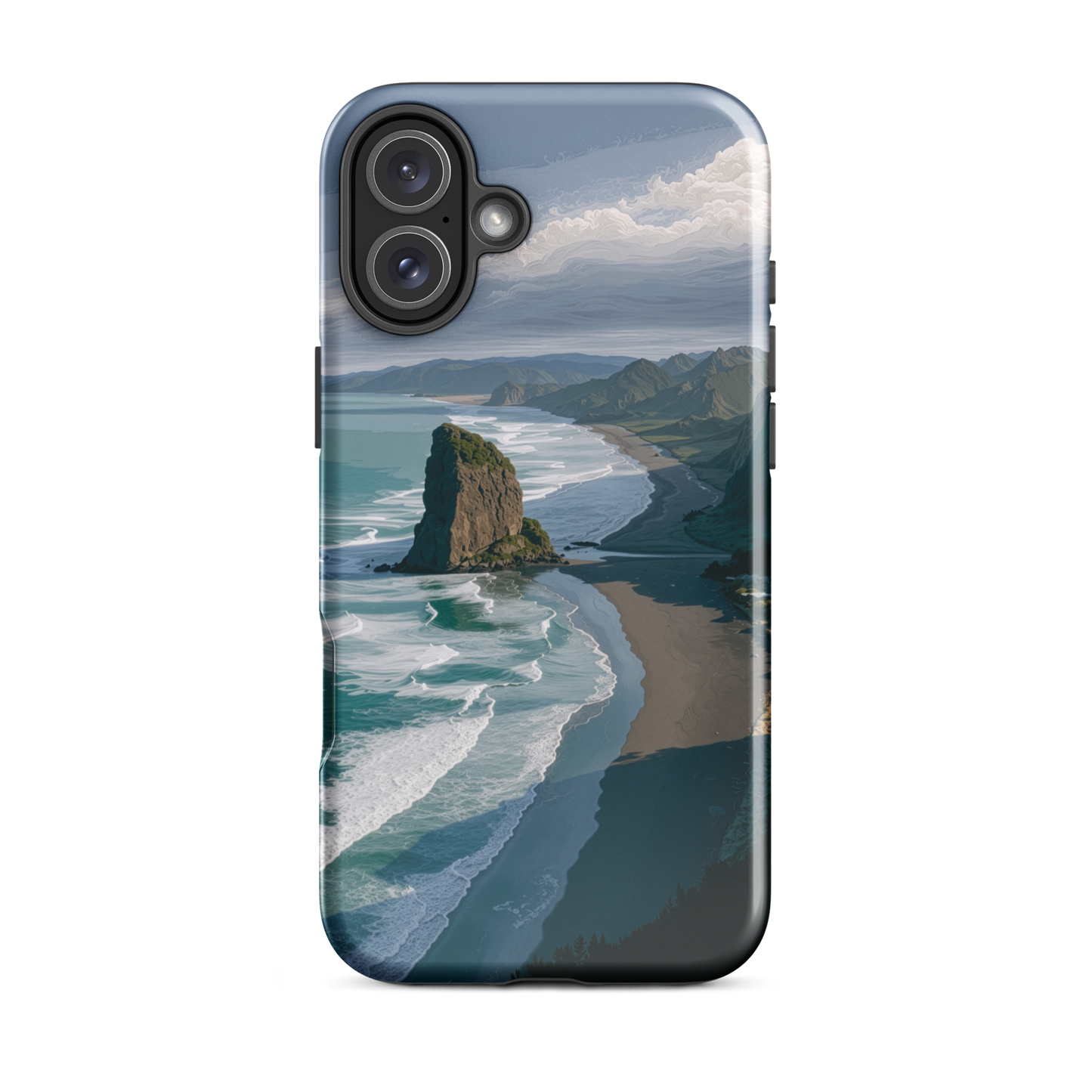 Piha Beach Lion Rock designer phone case with turquoise waves and dramatic NZ coastline