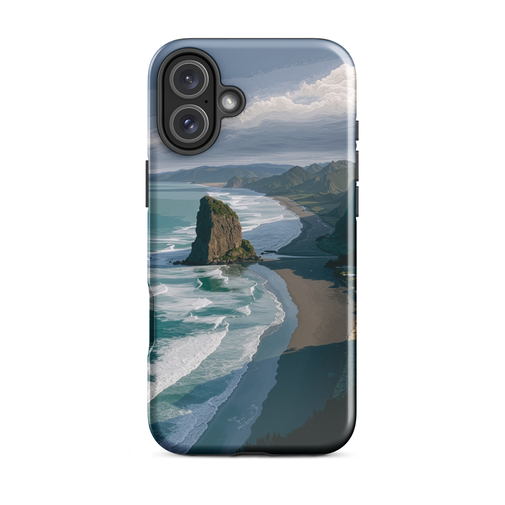 Piha Beach Lion Rock designer phone case with turquoise waves and dramatic NZ coastline