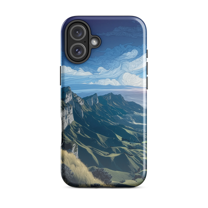 Te Mata Peak designer phone case with Hawke’s Bay cliffs, rolling green hills and dramatic swirling sky