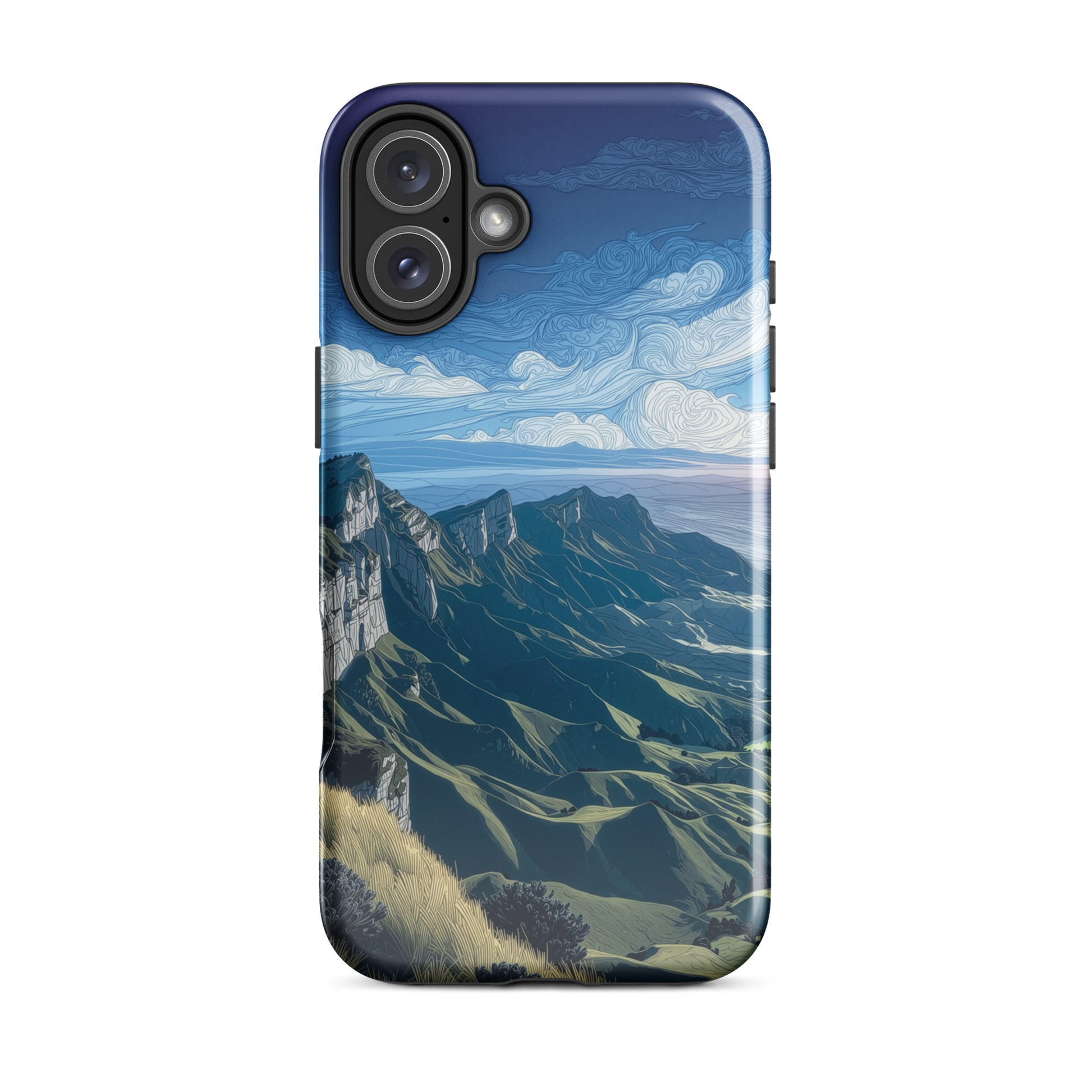 Te Mata Peak designer phone case with Hawke’s Bay cliffs, rolling green hills and dramatic swirling sky
