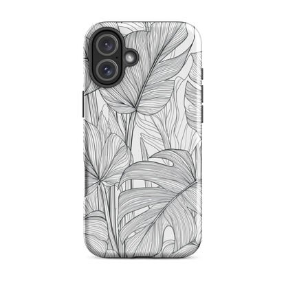 Minimal black and white tropical leaf designer phone case with detailed botanical line art