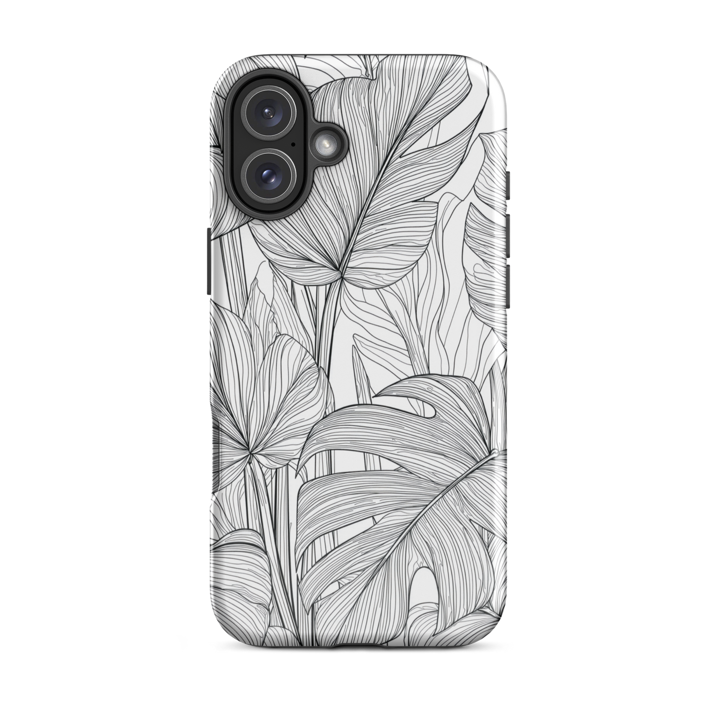 Minimal black and white tropical leaf designer phone case with detailed botanical line art