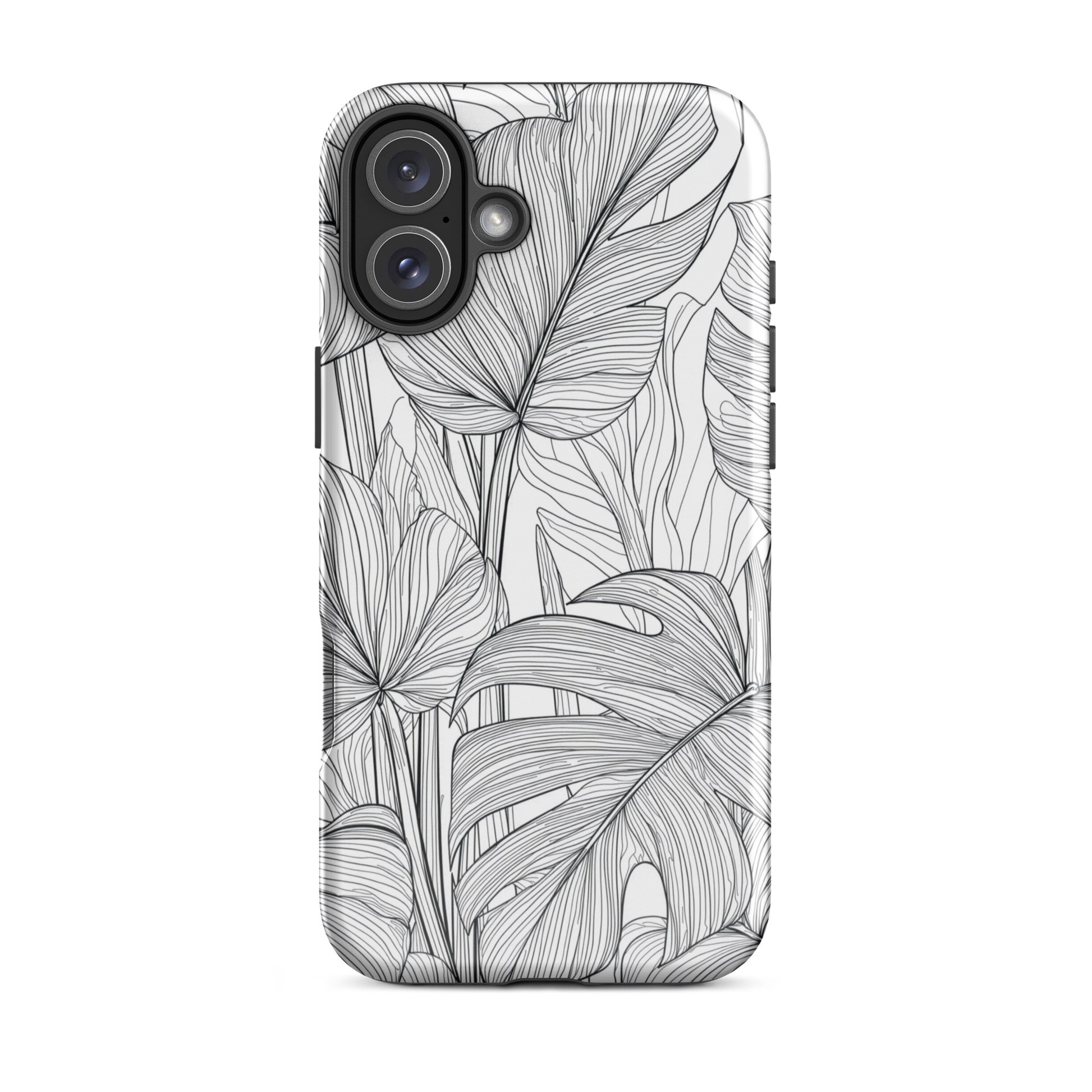 Minimal black and white tropical leaf designer phone case with detailed botanical line art