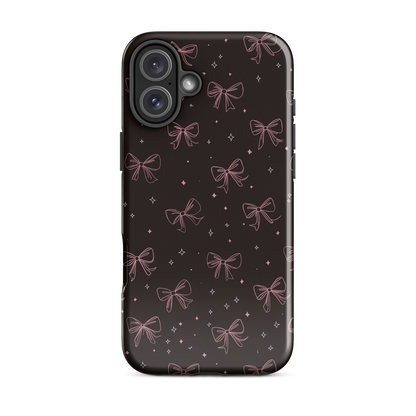 Midnight Bow seamless repeat pattern — pink hand-drawn ribbon bows and sparkle stars on a black background