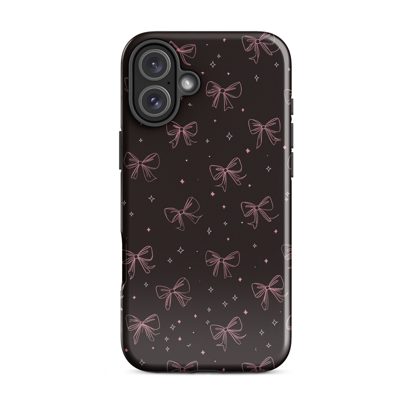 Midnight Bow seamless repeat pattern — pink hand-drawn ribbon bows and sparkle stars on a black background
