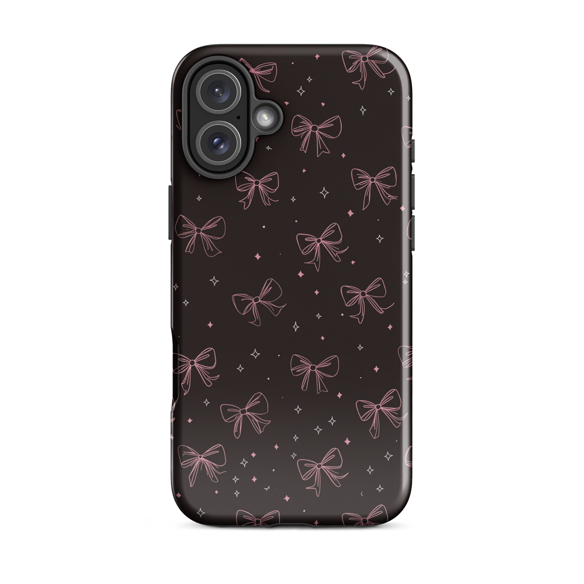 Midnight Bow seamless repeat pattern — pink hand-drawn ribbon bows and sparkle stars on a black background