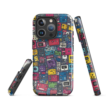 'Arcade' iPhone case, featuring a vibrant collage of hand-drawn controllers in bold, vintage-inspired colours. From electric blue and hot pink to classic black and yellow