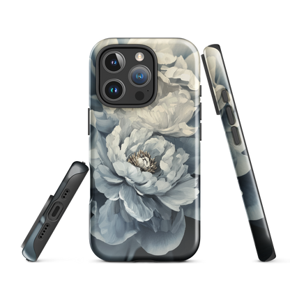 'Whisper' iPhone case features a stunning close-up of softly painted peony blooms in dreamy shades of ivory, grey, and smoky blue.