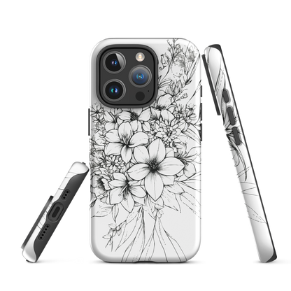 Black and white floral phone case with hand-drawn lilies and wildflowers