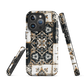 Moroccan tile pattern phone case in black, white, and gold tones with vintage-inspired design.