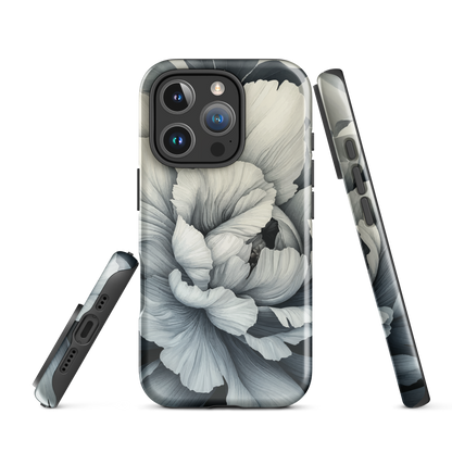 Black and white floral phone case featuring a soft, moody peony design by New Zealand artist Ben Hart.