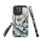 Black and white floral phone case featuring a soft, moody peony design by New Zealand artist Ben Hart.