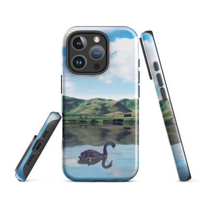 Phone case with a black swan on a calm lake, New Zealand hills in the background. Art by NZ designer Ben Hart.
