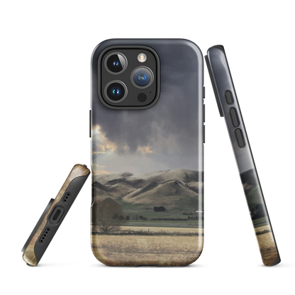 Designer phone case with NZ landscape painting of Te Hauke and cloudy skies by Ben Hart.
