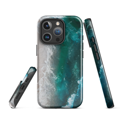 Ocean wave phone case with abstract beach design in teal and white, by NZ artist Ben Hart.