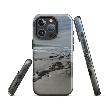Phone case with artwork of Riversdale Beach, Masterton – rocks, waves and sky by NZ artist Ben Hart.