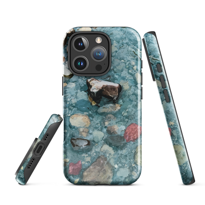 Washed Away designer phone case with abstract river stone artwork in earthy blues and natural tones.