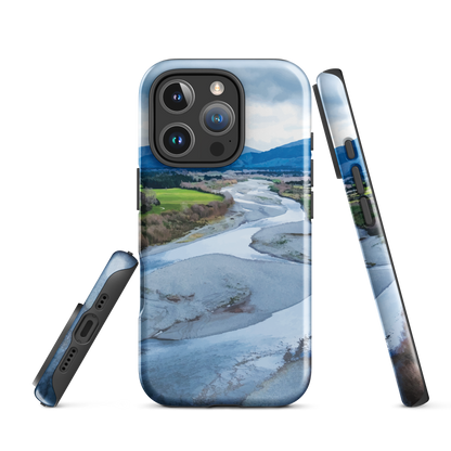 Waiohine phone case featuring artwork of New Zealand’s braided riverbed landscape in the Wairarapa.