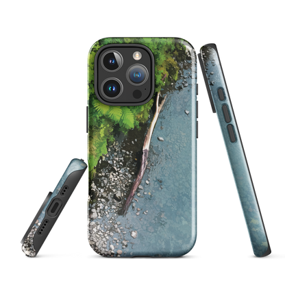 Resting Place phone case with aerial artwork of river rocks, green bush, and driftwood in a New Zealand stream.