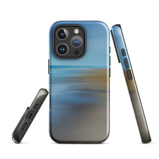Ocean Breeze phone case with abstract blue and sandy tones inspired by sea and sky.