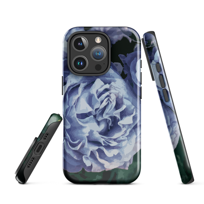 Designer phone case with a bold blue rose artwork and glossy finish.