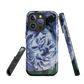 Designer phone case with a bold blue rose artwork and glossy finish.