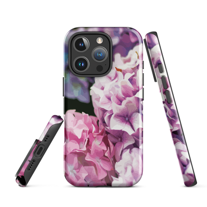 Designer phone case with pink and purple hydrangea floral artwork.