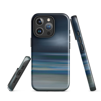 Dark abstract phone case with blue and grey streaks and glossy finish.